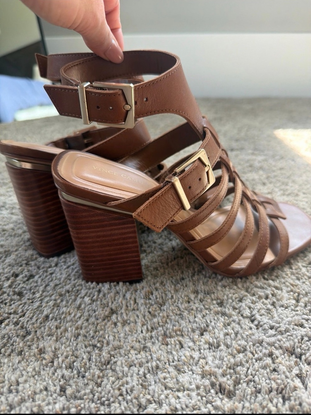 Vince Camuto Cognac Strappy Block Heel Sandals